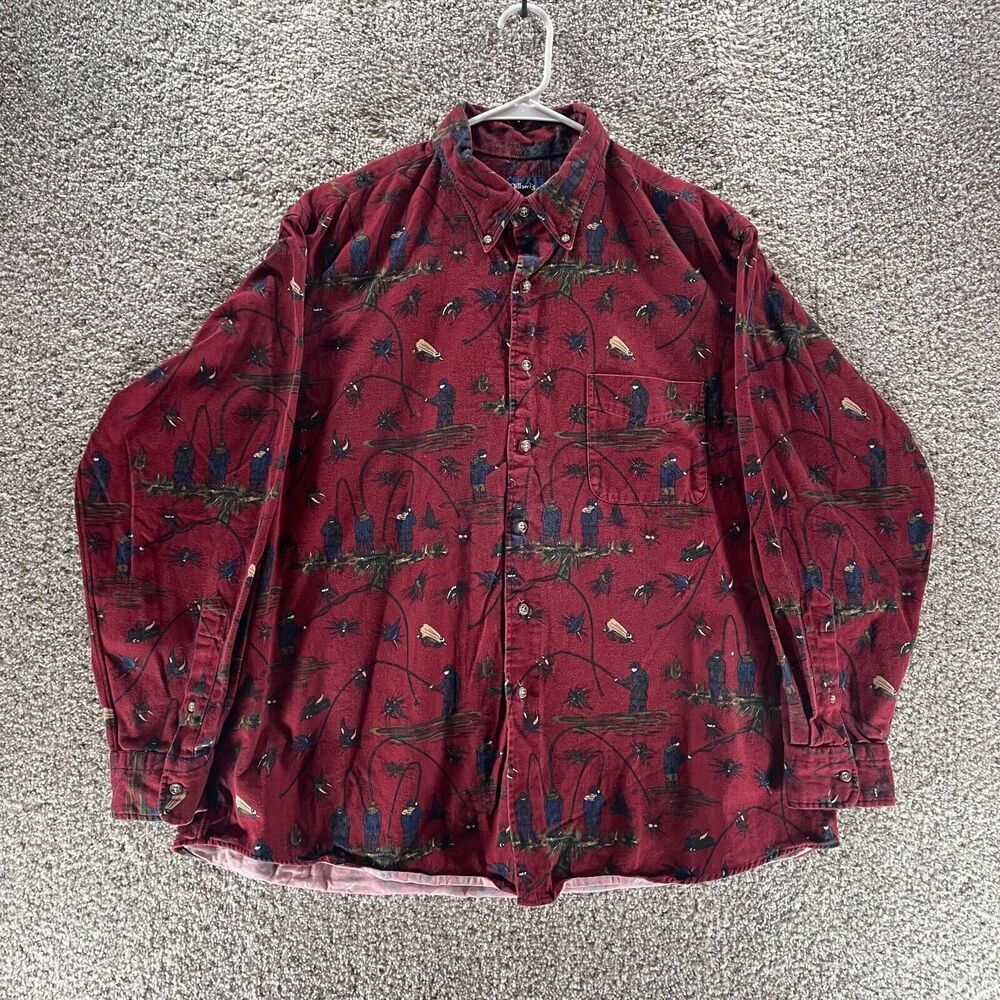 Vintage Dillard's Shirt Men XL Red Chambray Fishing Kenneth Gordon‎ Made In USA